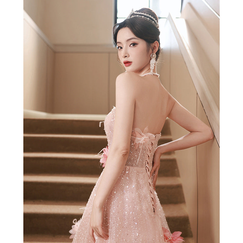 2025 Pink evening dress skirt  spring new neck high sense art test banquet long dress annual meeting party performance clothes