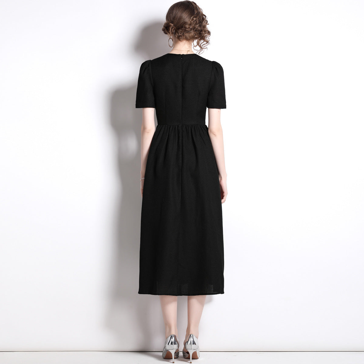 retro Hepburn style temperament waist dress women's summer  new coffee break  black skirt