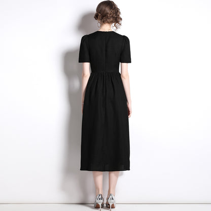 retro Hepburn style temperament waist dress women's summer  new coffee break  black skirt