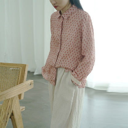 casual and literary early autumn floral lapel ramie shirt, retro nostalgic classic thin top S22272