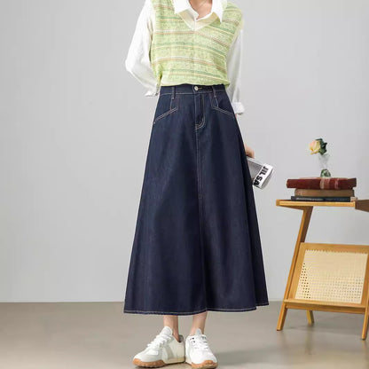 2025    Fashion high-waisted denim skirt women's spring and autumn umbrella skirt retro versatile and thin A-shaped skirt