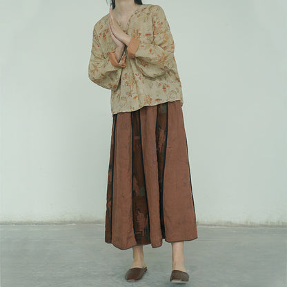 retro V-neck ramie pullover shirt, national style classical printing Song cool top S22208