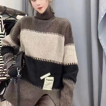 VLOVELAW Real shot striped color matching turtleneck pit strip sweater women's autumn and winter new loose lazy thickened split bottom knitted sweater
