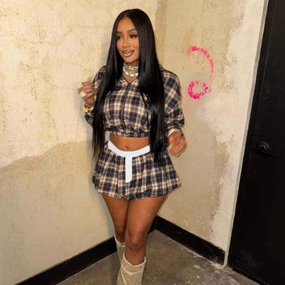 new New fashion millennial girl grid printing zipper short coat top bud short skirt set