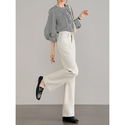 2025  High-quality imported fabric white straight jeans women's small high waist comfortable and thin straight wide-leg pants