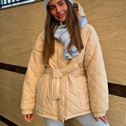 Cross-border foreign trade independent station Europe, America, autumn and winter hooded cotton-padded clothes, solid color warm jacket, top, women's single-breasted buckle with belt