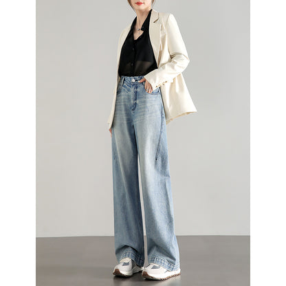 2025  Big brand flat for light color high waist loose wide leg jeans women's light blue retro pure cotton high quality casual pants