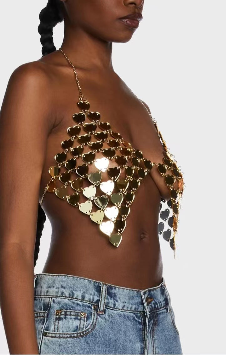 2025  120141 2025 vest love acrylic sequins splicing sexy hollow neck wrap chest small vest body chain