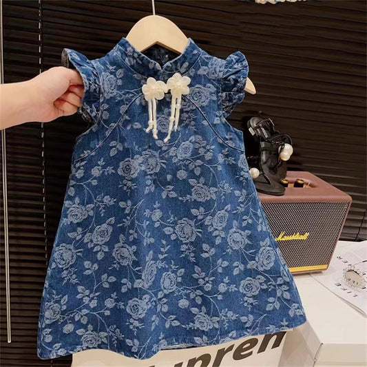 VLOVELAW New Girl's National Style Flower Jacquard Chinese Knot Buckle Flounced Sleeve Princess Cheongsam Dress  Summer Dress Dress