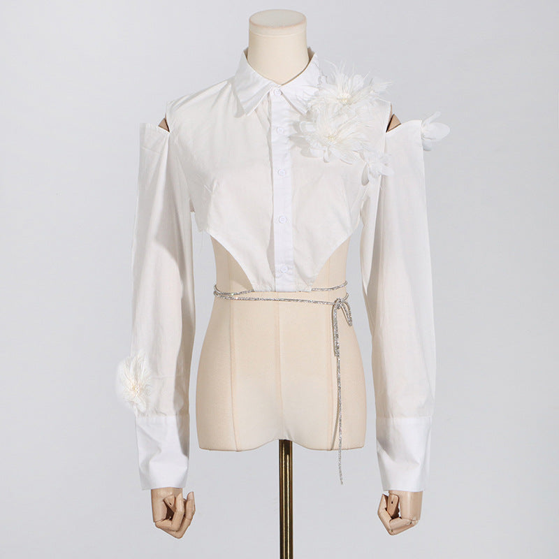 2025 early spring new fashion off-the-shoulder feathers irregular design sense lace-up halter shirt top women