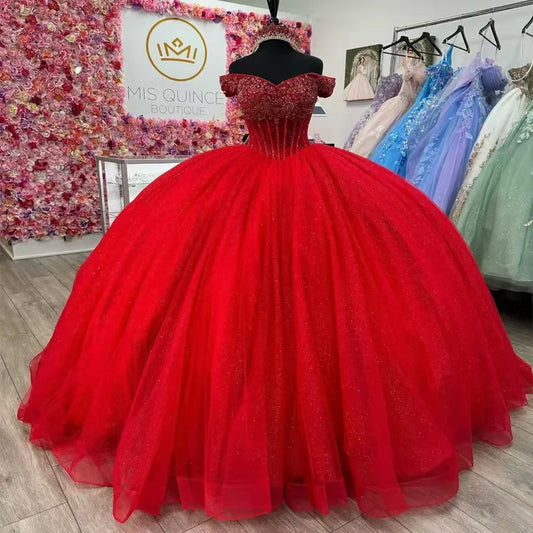 2025color yarn  new red princess dress on the run wedding dress one-word shoulder puff skirt ball evening dress