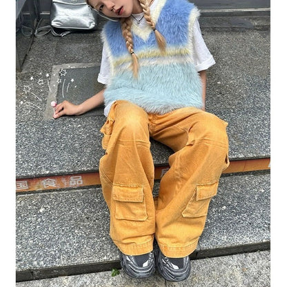 VLOVELAW American hiphop knitted sweater women's spring and autumn contrasting color v-neck vest jacket couple loose sleeveless vest top
