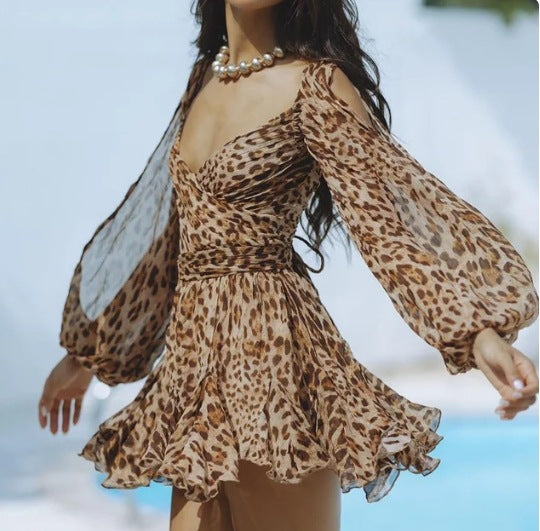 VLOVELAW Cross-Border European and American Women's Clothing Hot Sale at  off-the-Shoulder Sleeves V-neck Sexy Dress