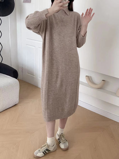 VLOVELAW Autumn and winter new polo collar pullover sweater bottoming skirt solid color long knee lazy loose knitted dress women