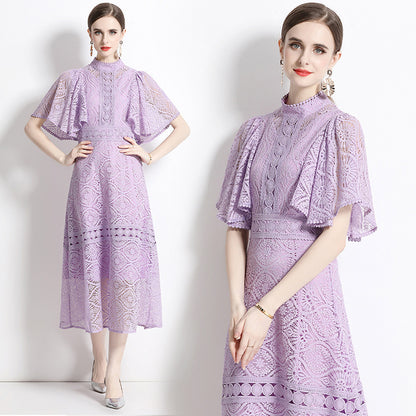 summer new stand-up collar flying sleeves temperament waist thin lace banquet dress long skirt a-word skirt