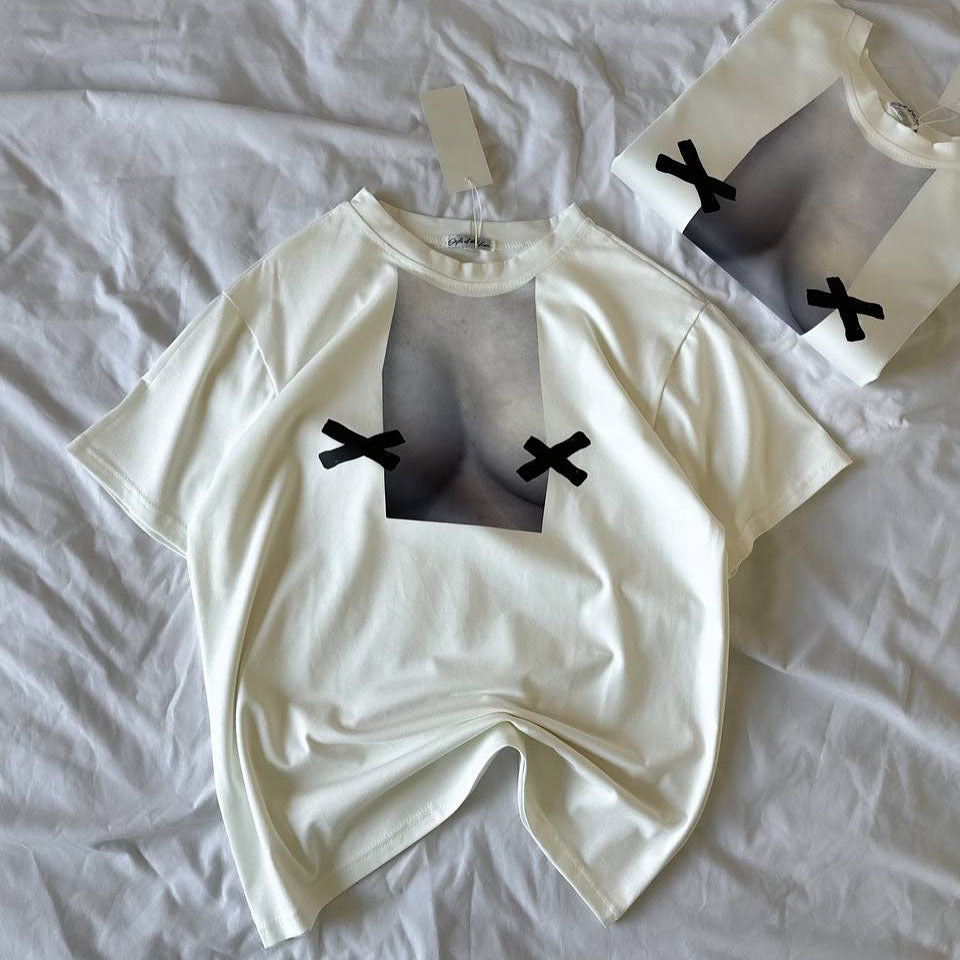 summer bow short-sleeved T-shirt oversize medium and long women's loose babes trend versatile crew neck top