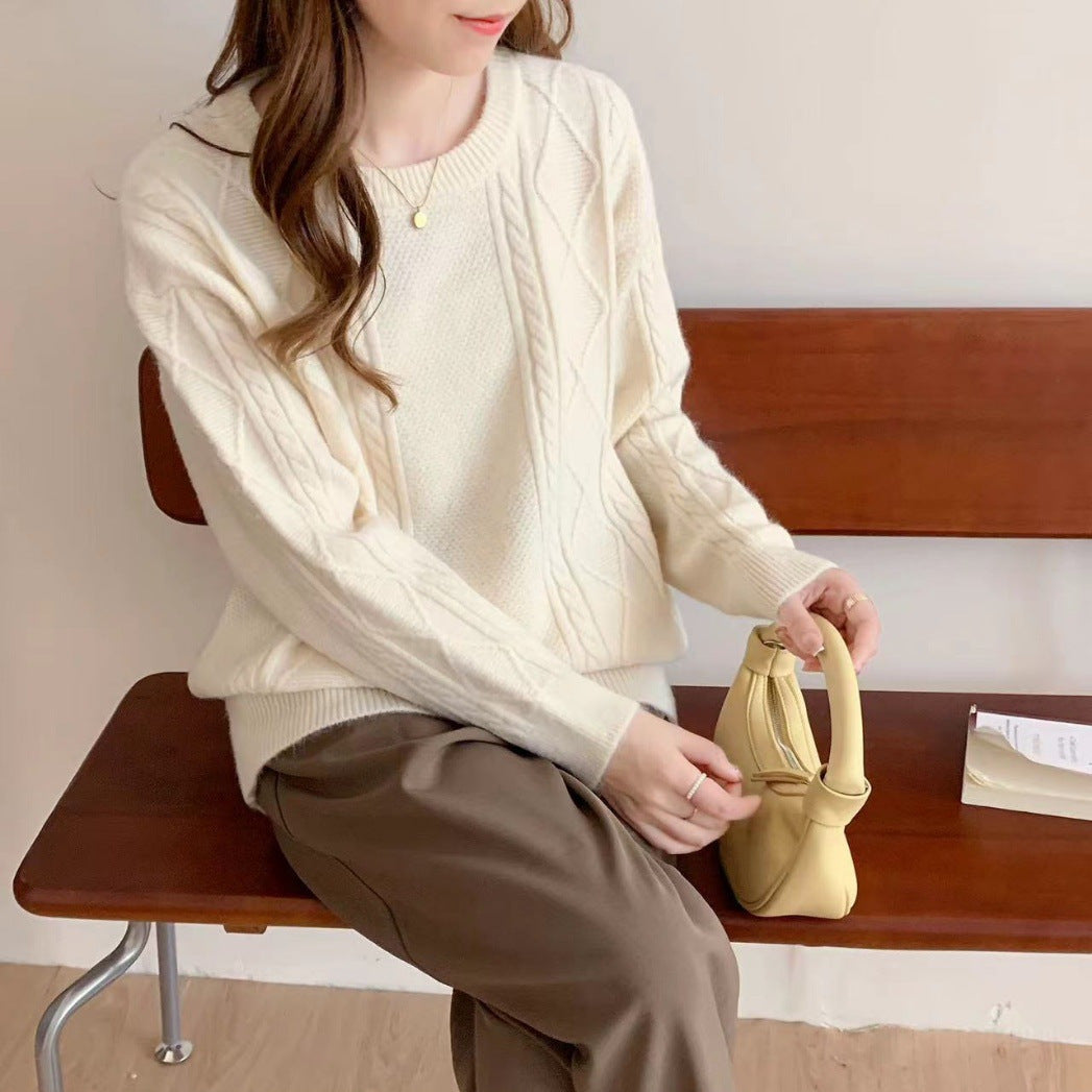 VLOVELAW New autumn and winter new women's clothing loose round neck pullover sweater women's rhombus lazy wind long-sleeved knitted sweater women's top