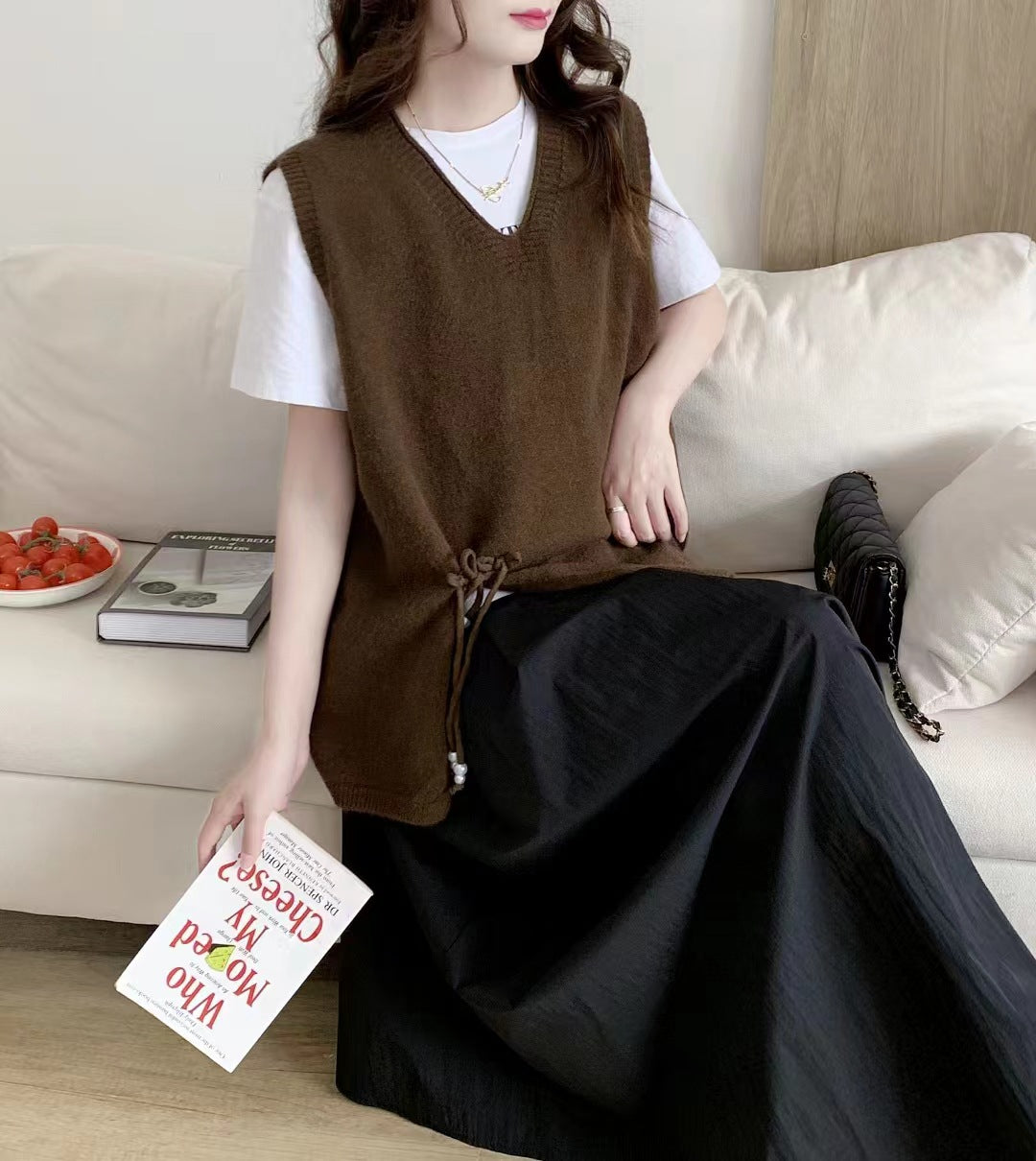 VLOVELAW Spring and Autumn New Sweater Women's Vest Knitted Vest Lazy V-Neck Loose Lace-up Cover Over Vest Wear Outside