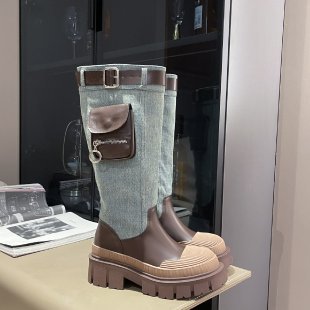 Coarse heel cowboy boots women's popular new western metal buckle versatile thick-soled round head mid-tube boots