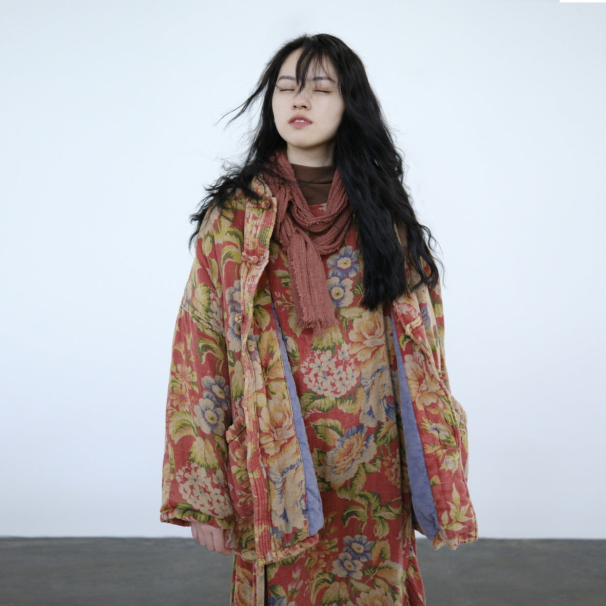 old retro printed loose cotton-padded clothes, heavy industry washed national comfortable casual thickened jacket M22338