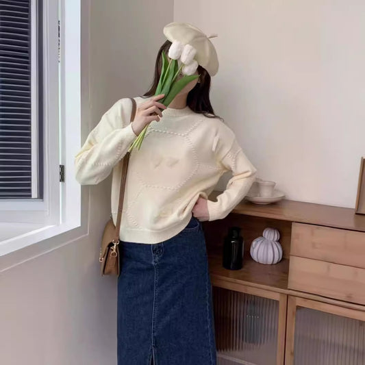 VLOVELAW Loose long-sleeved casual ribbon bow design round neck pullover slim knitted sweater women's European spring and autumn top