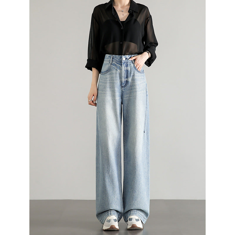 2025  Big brand flat for light color high waist loose wide leg jeans women's light blue retro pure cotton high quality casual pants