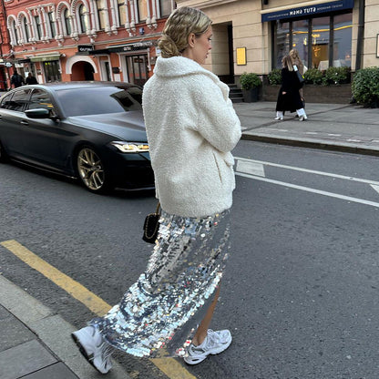 KKBOXLY sequined skirt New autumn and winter new 2025 trend bead skirt fashion split skirt women