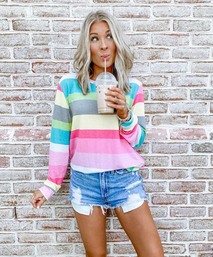 Vlovelaw Striped Tops Round Neck Long Sleeve Tops