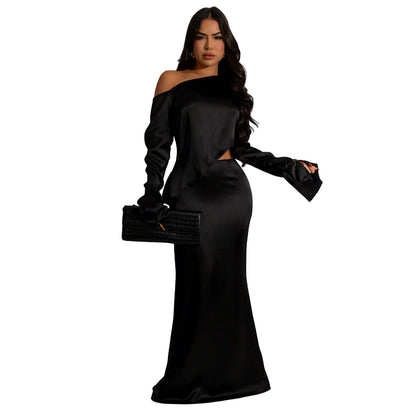 2025 C7120    Popular and  Fashion Women's Clothing Solid Color Slant Shoulder Long Sleeve Fishtail Skirt Set New