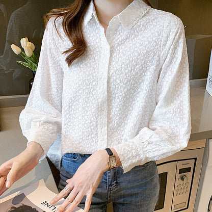 Lace lace lapel white shirt women's long sleeves popular autumn new cotton embroidered top temperament lady shirt