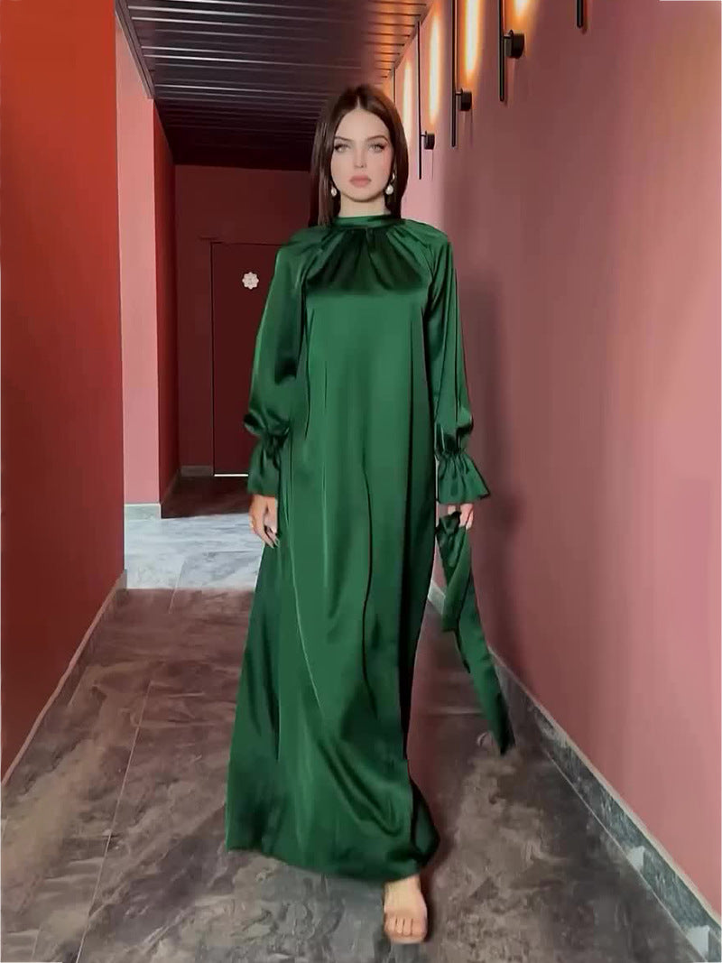 VLOVELAW Cross-Border European and American  Autumn New  Solid Color Satin Long Sleeve Loose Dress Belt Women's Clothing