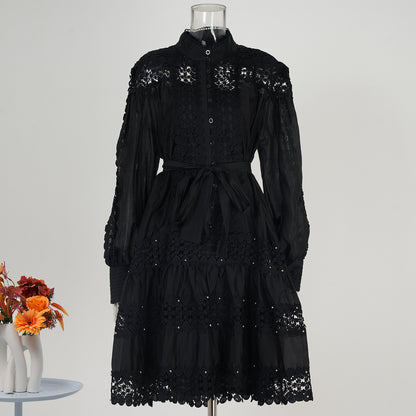 women's clothing  long-sleeved shirt skirt spring and autumn women's single-breasted water-soluble lace embroidered hollow dress