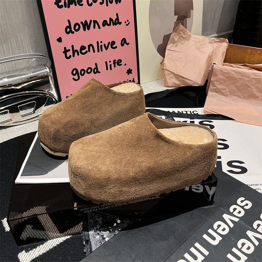 Frosted leather big head fat head shoes bread shoes casual bag head half support shoes outer shoe support fluffy shoes Muller Boken shoes