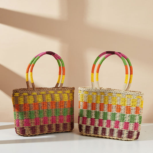 VLOVELAW New Cute Portable Straw-Weaved Bag Fruit Picnic Basket Woven Bag Simple Handbag Women's Bag
