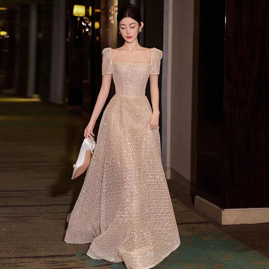2025 Banquet evening dress  new bridal temperament super fairy fine flash out the door yarn slim and thin small trailing dress skirt