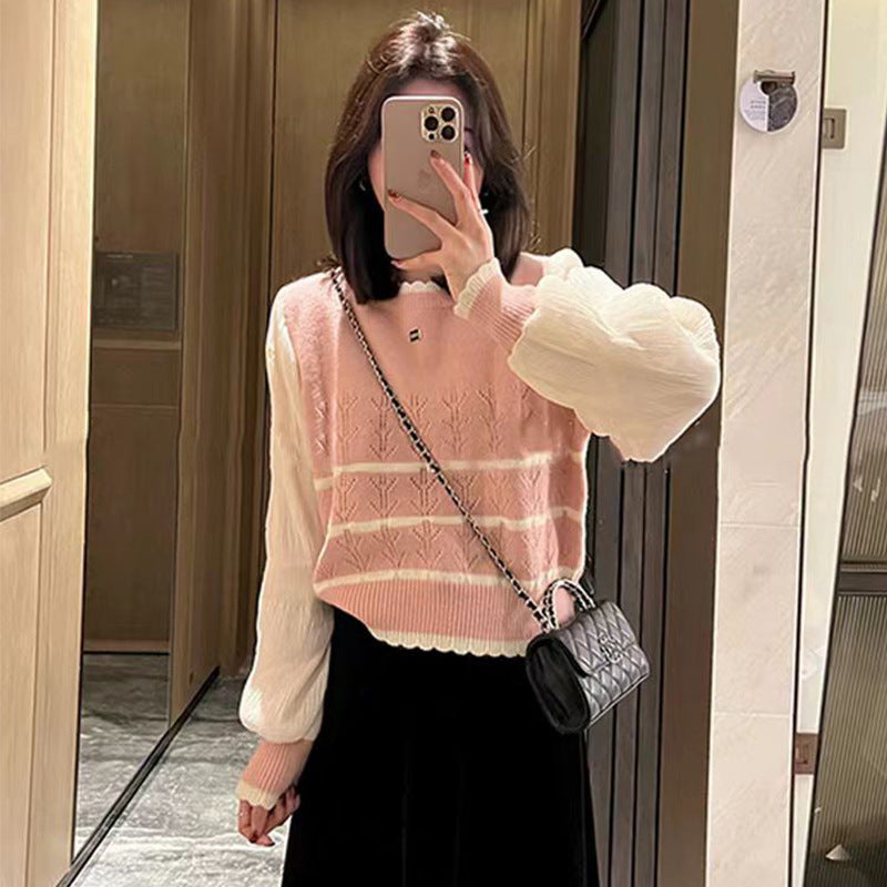 VLOVELAW sweet and spicy top Korean version fake two-piece striped knitted sweater women's fashion round neck short yarn sleeves look thin