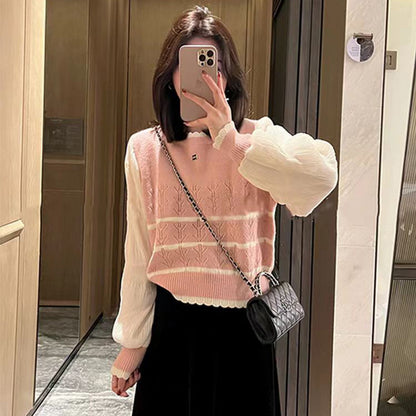 VLOVELAW sweet and spicy top Korean version fake two-piece striped knitted sweater women's fashion round neck short yarn sleeves look thin