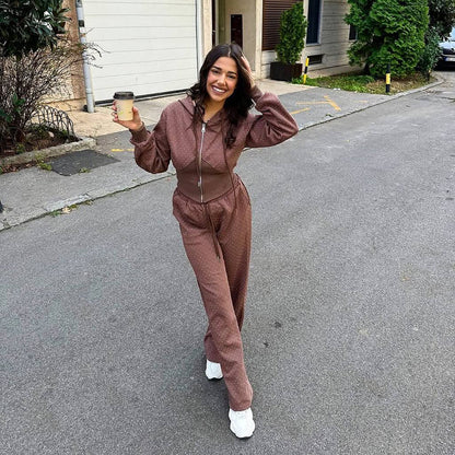 Popularan beautiful women's fashion waist open button hot diamond hooded sweater straight pants set design sense casual sportswear women