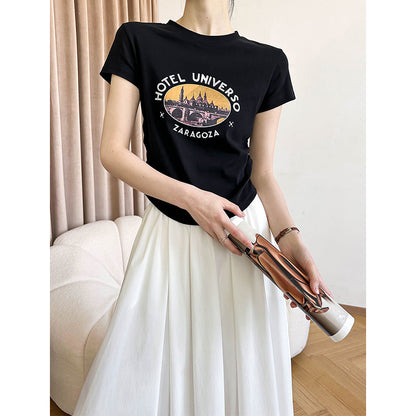 2025 Tachibana popular summer new T-shirt top women's Korean round neck waist retro niche printing short sleeve 2409-1