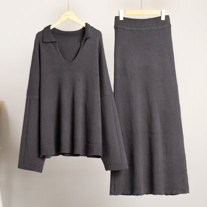 KKBOXLY Cross-border knitted set Europe, America New winter new fashion simple style V-neck knitted sweater skirt set