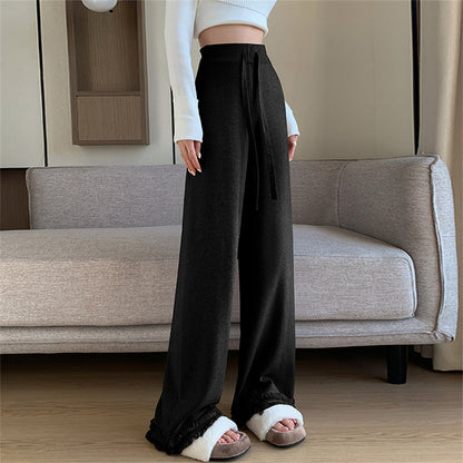 VLOVELAW Knitted fringed wide-leg pants women's New autumn and winter new high-waisted casual straight-leg pants soft waxy mopping long pants