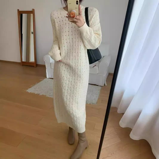 VLOVELAW Autumn and winter new knitted sweater dress women's long Korean version loose crew neck sweater skirt with bottom sweater skirt
