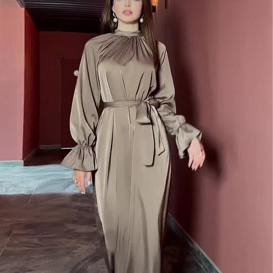 VLOVELAW Cross-Border European and American  Autumn New  Solid Color Satin Long Sleeve Loose Dress Belt Women's Clothing