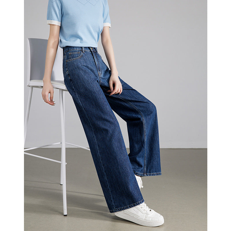 2025  Spring and Autumn New Retro Hong Kong Style Straight Jeans Women's Skinny High Waist Pure Cotton Breathable Comfortable Blue Casual Pants