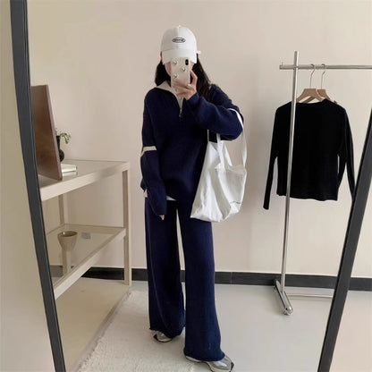VLOVELAW Autumn and winter casual knitted suit women's New new pullover half zipper contrasting color lapel sweater wide-leg pants two-piece set