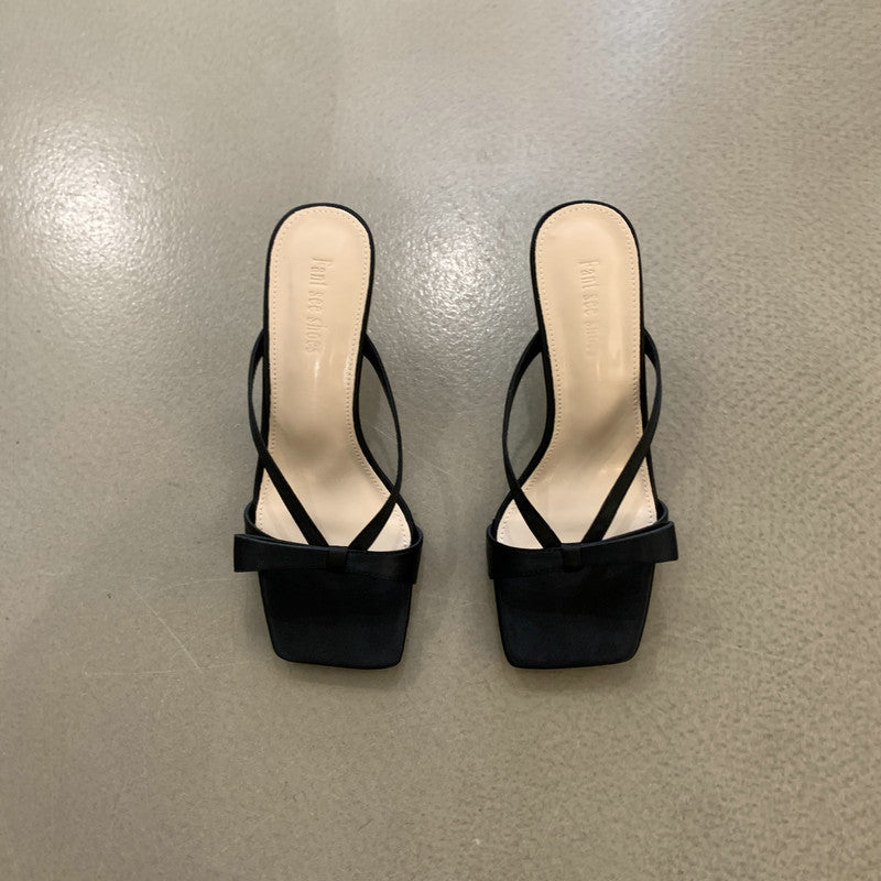 Spring and Autumn New  Style Square Toe High Heels Women's Roman Sandals Outer Wear Flip-Flops Flip-Flops All-Matching