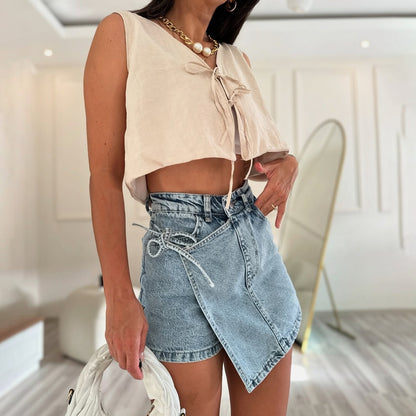 n trendy brand design sense lace-up dislocation fake two-piece jeans skirt short high waist irregular Spice girl retro woman
