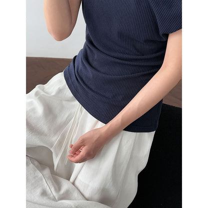 Luxi, waffle asymmetrical slanted shoulder kink T-shirt women's summer new slim and thin Spice Girl top thin 2703