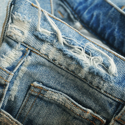 Women's casual nine-point pants, blue retro washed ripped high-waisted slim-fitting small-footed jeans