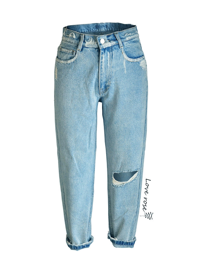 Women's casual nine-point pants, blue retro washed ripped high-waisted slim-fitting small-footed jeans